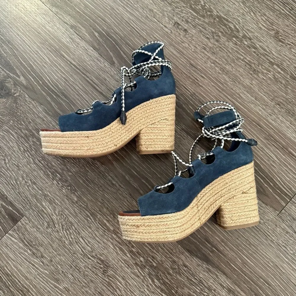 Tory Burch Positano lace-up platform espadrille sandal in blue suede